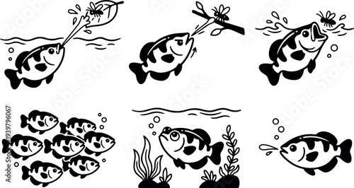 Flat vector fish icon set showing bass feeding on fly, jumping, schooling, and underwater close up with plants in playful silhouette