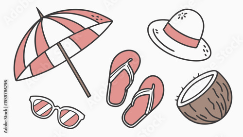 Summer Beach Vacation Essentials Icon Set for Travel Blog Design Tropical Holiday Fun