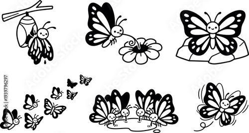 Whimsical kids doodle close up smiling butterflies in stages from chrysalis to flight feeding on flower near rock pond