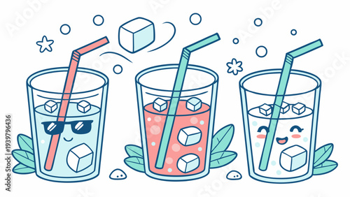 Cute Kawaii Iced Drinks Summer Refreshment Characters for Cafe Menu Design or Beverage Advertising