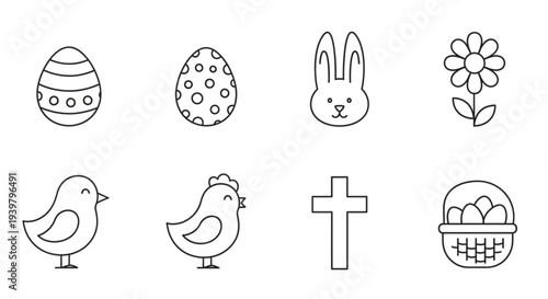 Vector Easter collection featuring eggs, bunny, flowers, birds, and cross symbols