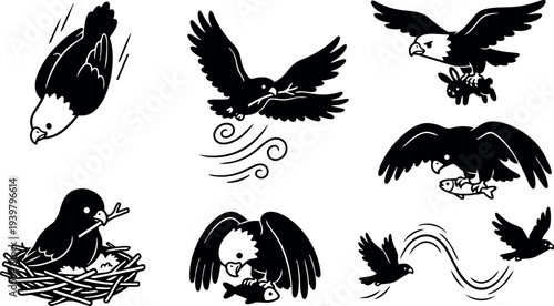 Vector icon set of hunting eagles and nesting birds in bold silhouette showing diving, carrying prey, feeding chicks, close up action