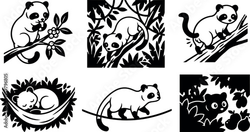 Papercut style collection of six playful red panda silhouettes in various poses on branches, hammock and foliage, bold contrast composition