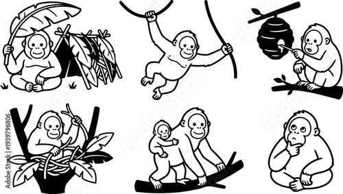 Line art vector monkey icon set showing six distinct poses including baby riding, swinging, hive feeding, shelter building, thinking, playful