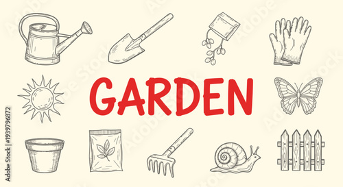 Garden tools and icons illustration.