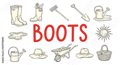 Gardening tools and boots illustration set.