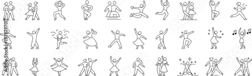 Dance and movement icon set featuring dancers, performers, choreography, musical rhythm, joyful celebration, couple dancing, freestyle, and energy