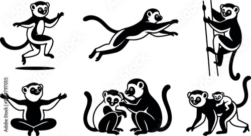 Flat vector line art playful lemur character set showing jumping, leaping, climbing, grooming, meditating and mother carrying baby poses silhouette