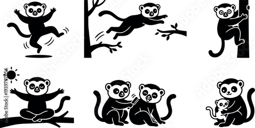 Flat design playful monkey silhouettes in six dynamic poses including jumping, leaping, climbing, meditating, grooming and mother holding baby closeup