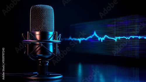 Professional podcast microphone with blue neon audio waveform on dark studio recording background.