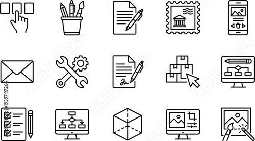 Design and communication icons set, digital content creation and workflow tools concept, cad drawing flat vector illustration, black and white