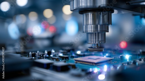 Precision laser working on microchip in advanced manufacturing facilityelectronics engineering, pcb assembly, industrial automation, high technology, innovation, circuit board, factory concept