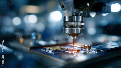 Precision laser processing microchip on circuit board in advanced manufacturing facility,  electronics engineering, industrial automation, high technology, pcb assembly concept