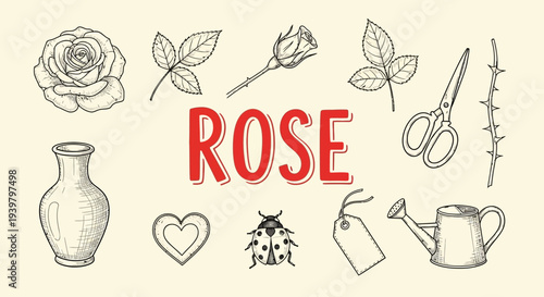 Rose flower and gardening tools icon.