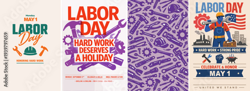 Labor Day vector poster set with tools, worker illustration, helmet and gear symbols. Vintage and modern designs celebrating hard work, workers rights and industry with festive holiday typography.