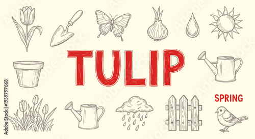 Tulip flowers and gardening tools icons.