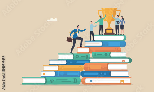 Learning or,meeting teams together pillars education for business challenge, motivation or ambition to learn new skill concept, smart businessman climb book stack to reach goal