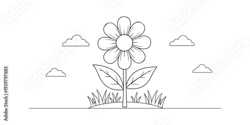 A simple line drawing of a flower with clouds