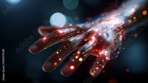 Human Hand Enhanced with Futuristic Biochip Network showing a human hand glowing with embedded microchip circuitry and flowing digital signals across the skin surface, illuminated