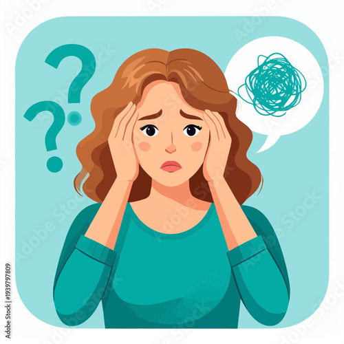 A woman looking stressed and confused, holding her head with question marks and a tangled thought bubble.