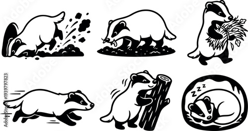 Tattoo flash badger icons showing digging sniffing carrying grass running climbing log and curled sleeping poses in bold line art
