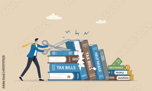 COVID-19 The style of the illustration is modern, flat design with clean lines and minimal shading books economics recession or financial crisis, businessman government leader using scissors to cut ta