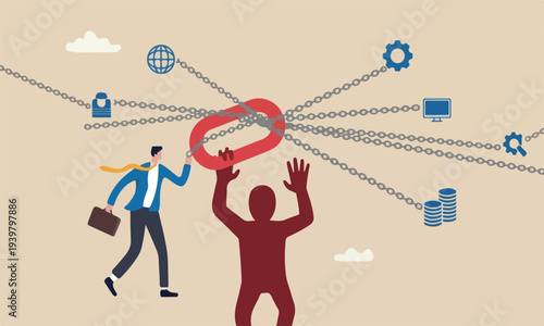  Single point, weak point to make all system down, important point to hazard or beware danger concept, businessman at try so hard to hold multiple chain to avoid failure