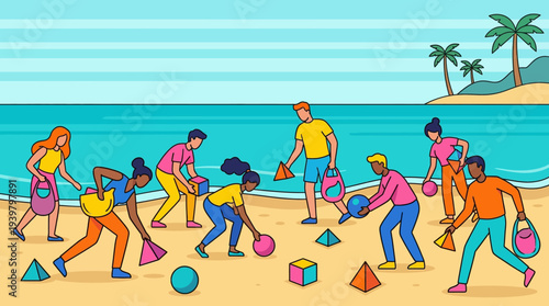 Diverse group of volunteers cleaning up beach from plastic trash and garbage