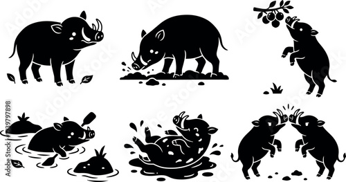 Silhouette vector black close up collection of wild boar and piglets playing, wallowing, foraging and reaching for fruit in playful mood