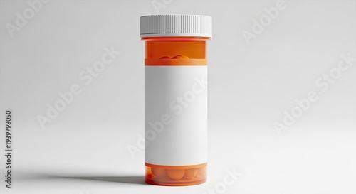 A white and orange prescription pill bottle on a plain background