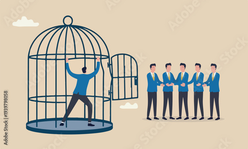  Escape challenge meeting teams together ambitious businessman bended the bar and escape from bird cage trap.