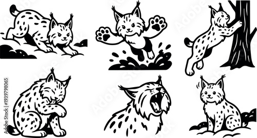 Tattoo flash playful lynx kitten set showing pouncing splashing climbing scratching and yawning poses in bold black line art energetic