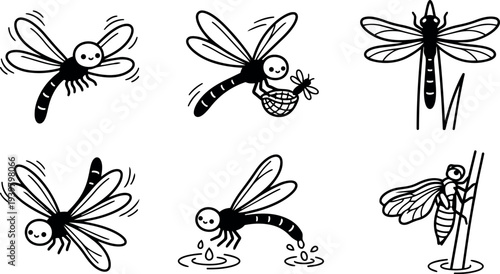 Whimsical kids doodle dragonfly icon set showing six playful poses smiling faces varied angles simple black lineart vector isolated illustration