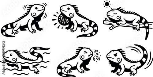 Tattoo flash iguana icon set showing basking swimming feeding sneezing tail flick poses playful close up bold black line vector illustrations