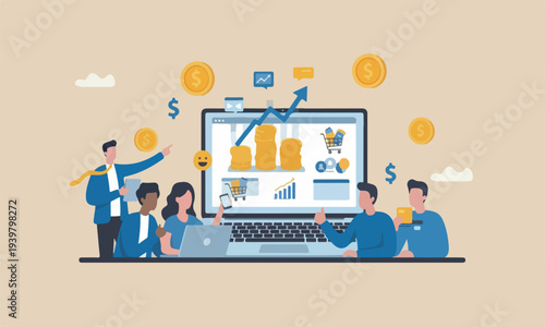 commerce design clean lines and minimal shading on red pillars businessman making money coins online website from computer laptop
