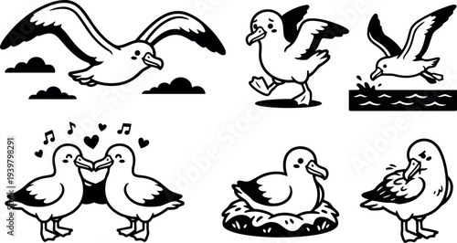 Line art seagull icon set showing flying, running, diving, kissing pair, nesting and preening bold outline poses on white background