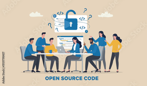  Open source programming, digital products include permission to use the programming code concept, programmer lady computer laptop working unlock lock coding symbol.