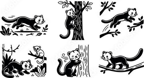Tattoo flash playful pine marten set showing climbing running and leaping poses in bold black line vector art, energetic mood