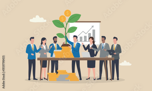 or earn from books teams together funds or opportunity to make profit and increase wealth, businessman investor hand holding money flower plant from pile of coins.