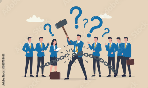 Break free,meeting, escape and liberation concept, confidence businessman use hammer to break heavy chain burden.