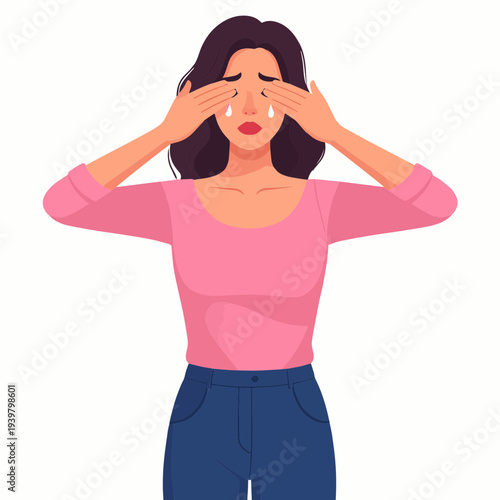 Cartoon illustration of a sad woman crying with tears streaming down her face, hands covering her eyes.