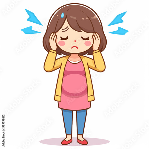 Pregnant woman suffering from a headache or stress, holding her head in discomfort with a worried expression.