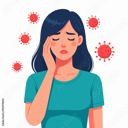 Illustration of a young woman suffering from a headache or illness, surrounded by virus particles.