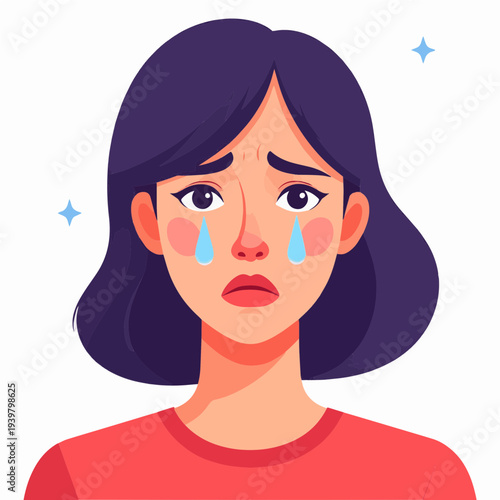 A cartoon illustration of a sad woman with dark hair and a red shirt, crying with tears streaming down her face, depicting an emotional state.