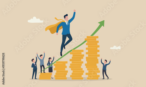  growth income together illustration is modern, flat design with clean lines and minimal shading piggy bank accumulation concept, success businessman superhero flying up money coins stack.
