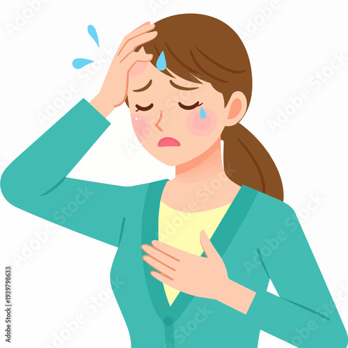 Woman feeling unwell, experiencing headache and fever symptoms
