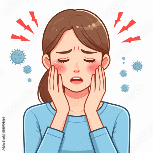A cartoon illustration of a young woman suffering from a headache or toothache, with flushed cheeks and virus particles around her, indicating illness.