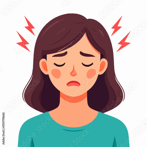 Cartoon illustration of a young woman suffering from a severe headache or migraine, showing pain and discomfort with red lightning bolts around her head.