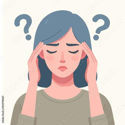 A woman experiencing stress, confusion, or a headache with question marks above her head.