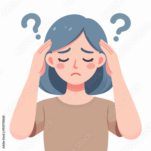 A cartoon illustration of a confused or stressed woman with question marks above her head, expressing uncertainty or a headache.